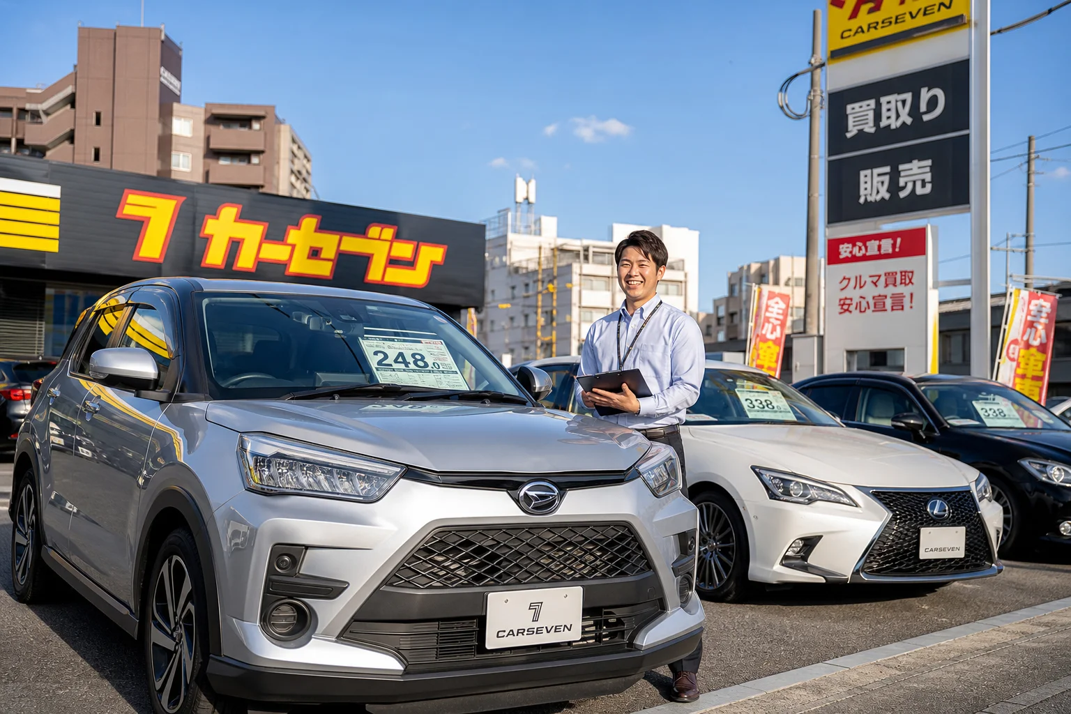 A realistic photo-style image of a clean and well-lit used car dealership lot in an urban Japanese city. Several polished pre-owned cars including a compact SUV and a sedan are neatly arranged on a bright forecourt. A friendly salesperson in a collared shirt stands near a silver vehicle, holding a clipboard and smiling. Natural daylight illuminates the scene, with a clear blue sky overhead. The atmosphere conveys trust, approachability, and professionalism. Wide-angle composition, shallow depth of field on the foreground car, warm and inviting tones.