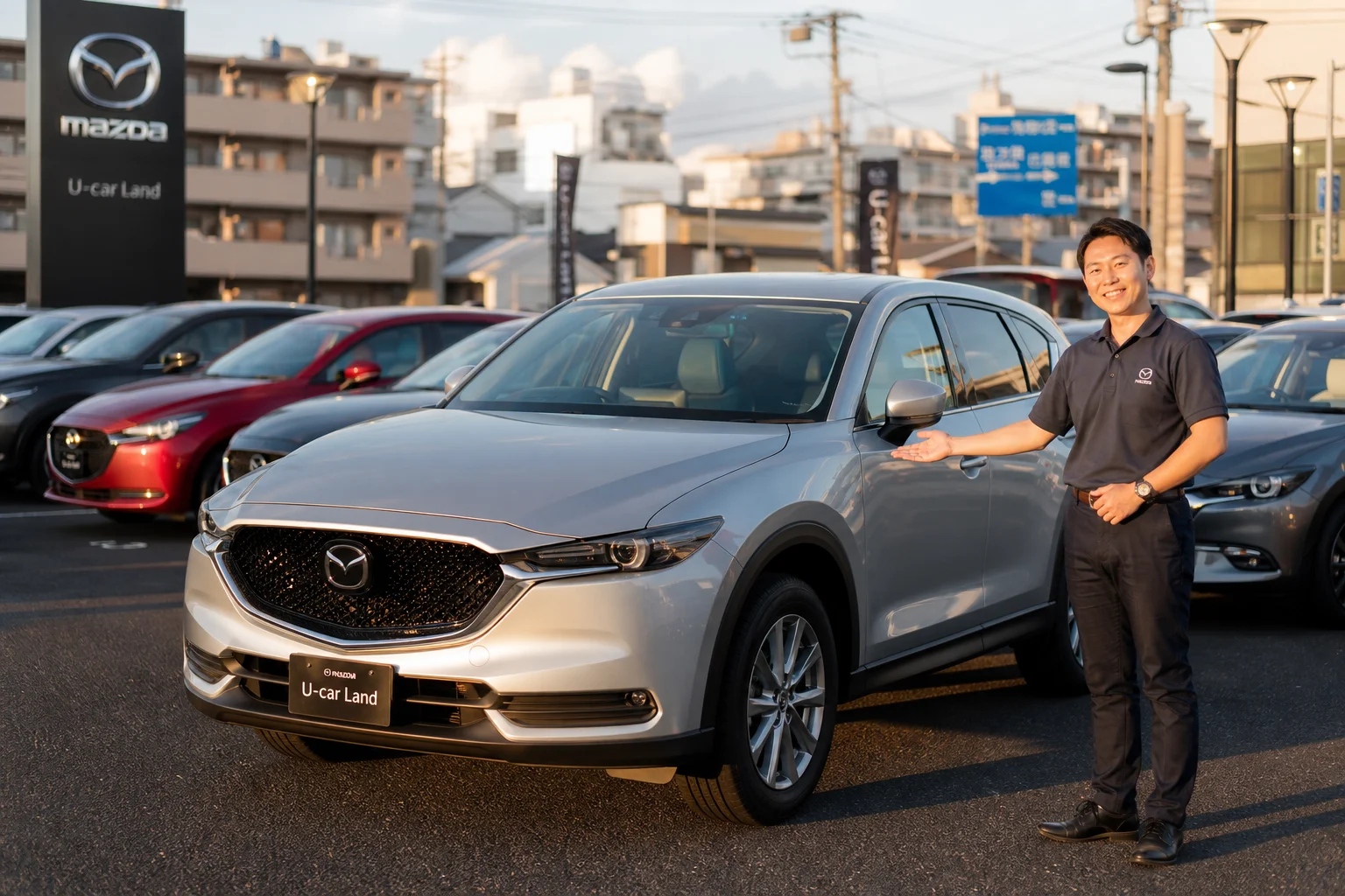 A realistic photo-style wide shot of a bright used car dealership lot in an urban Japanese city setting, taken during golden hour. Several clean, well-maintained sedans and SUVs are neatly lined up under warm sunlight. In the foreground, a friendly male salesperson in a casual polo shirt stands next to a silver compact SUV, gesturing welcomingly. Shallow depth of field highlights the car and salesperson while the background shows more inventory. Soft shadows, vivid colors, natural bokeh, photorealistic quality.