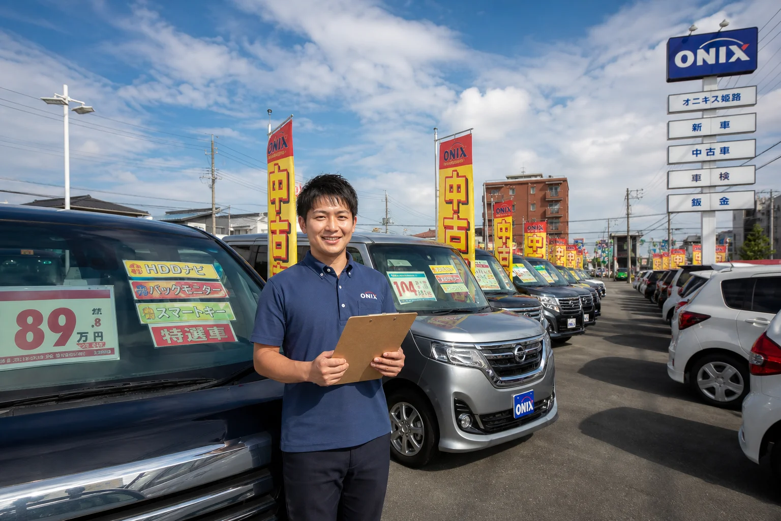 A realistic photo-style wide-angle shot of a well-organized used car dealership lot in urban Japan, rows of clean and polished cars under bright midday sunlight, a friendly salesperson in a neat casual uniform standing near a vehicle holding a clipboard, shallow depth of field with a warm inviting atmosphere, soft shadows, blue sky with light clouds in the background, shot with a 24mm lens at eye level