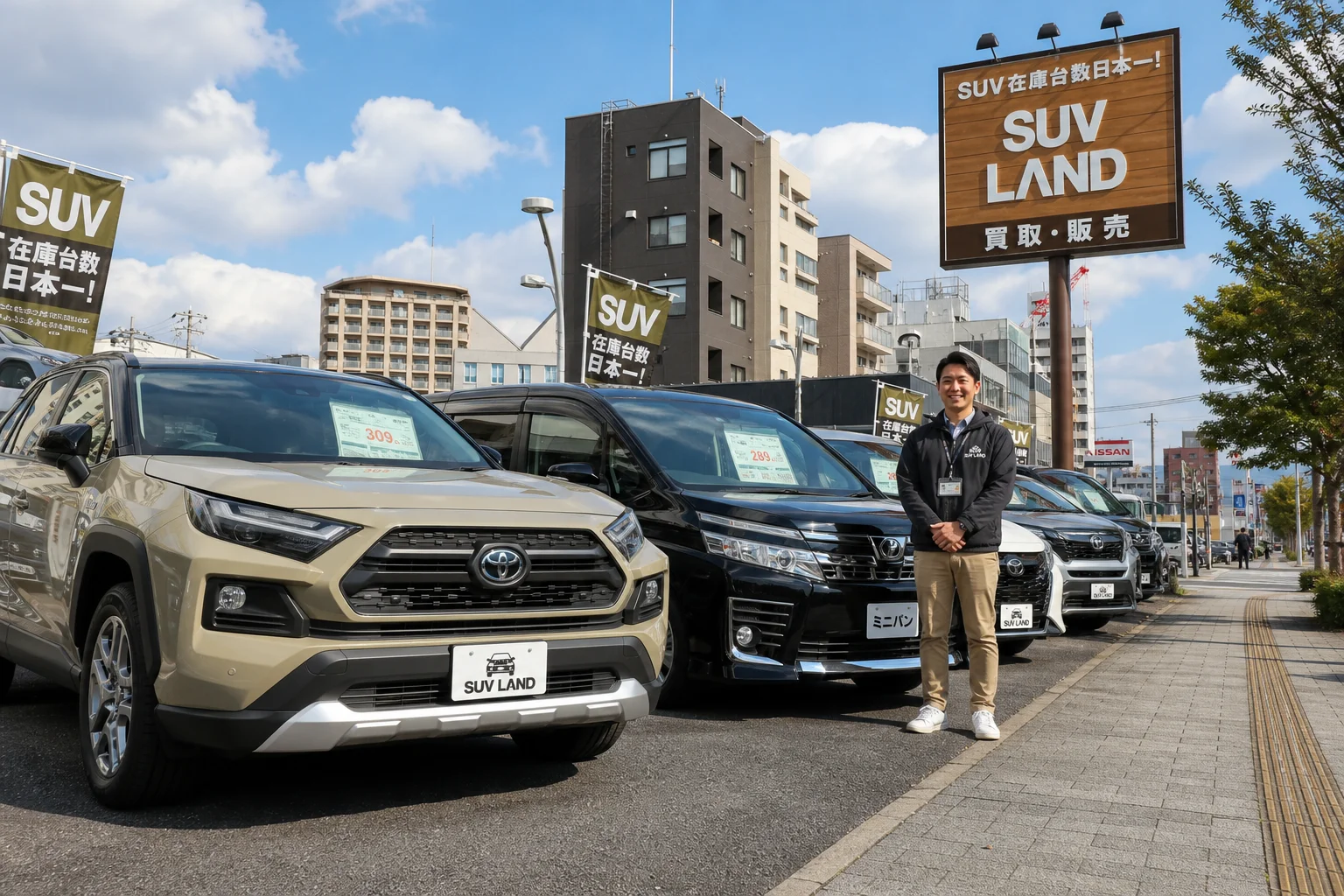 A realistic photo-style image of a clean and welcoming used car dealership lot in an urban Japanese city setting. Several well-maintained cars including a compact SUV and a minivan are displayed under bright natural daylight. A friendly salesperson in casual attire stands near the vehicles. The foreground features a neatly paved lot with subtle signage. The atmosphere is approachable and trustworthy, with a warm afternoon light casting soft shadows. Wide-angle composition, slightly low angle to emphasize the cars.
