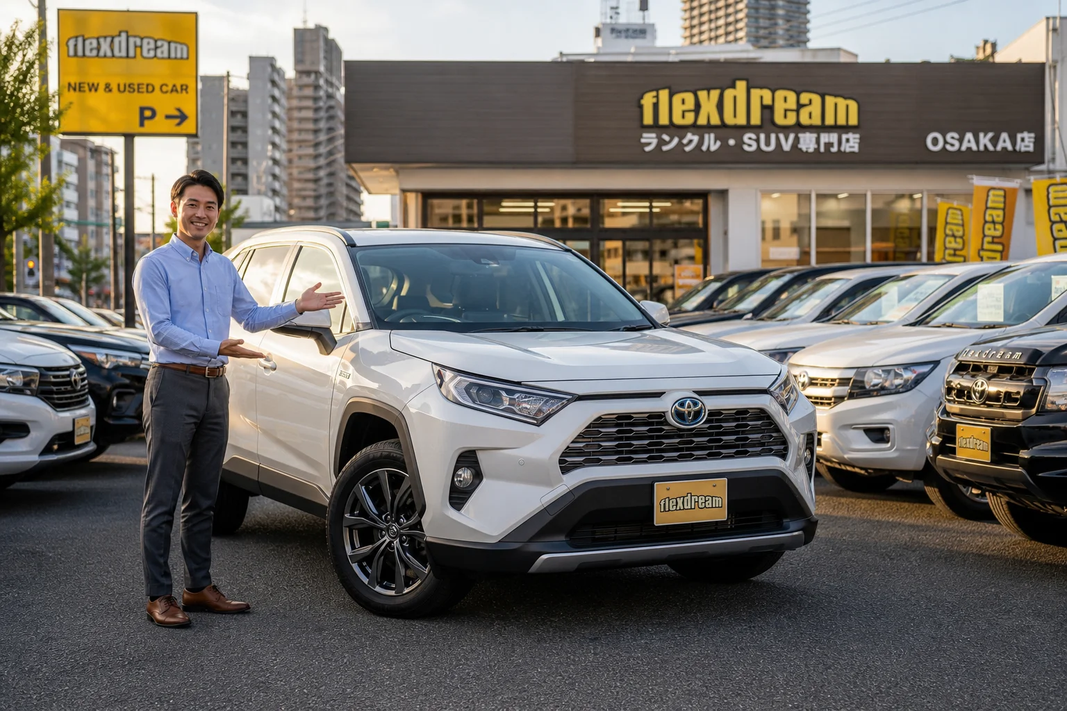 A realistic photo-style wide shot of a clean and welcoming used car dealership lot in urban Osaka, Japan. Rows of polished pre-owned cars including SUVs, sedans, and minivans are neatly displayed under bright natural daylight. A friendly salesperson in casual business attire stands near a compact SUV. The dealership signage is visible in the background. Warm golden-hour side lighting enhances the sheen on the vehicles. Shot with a slightly low angle to emphasize the cars, bokeh background of city buildings, professional automotive photography style.
