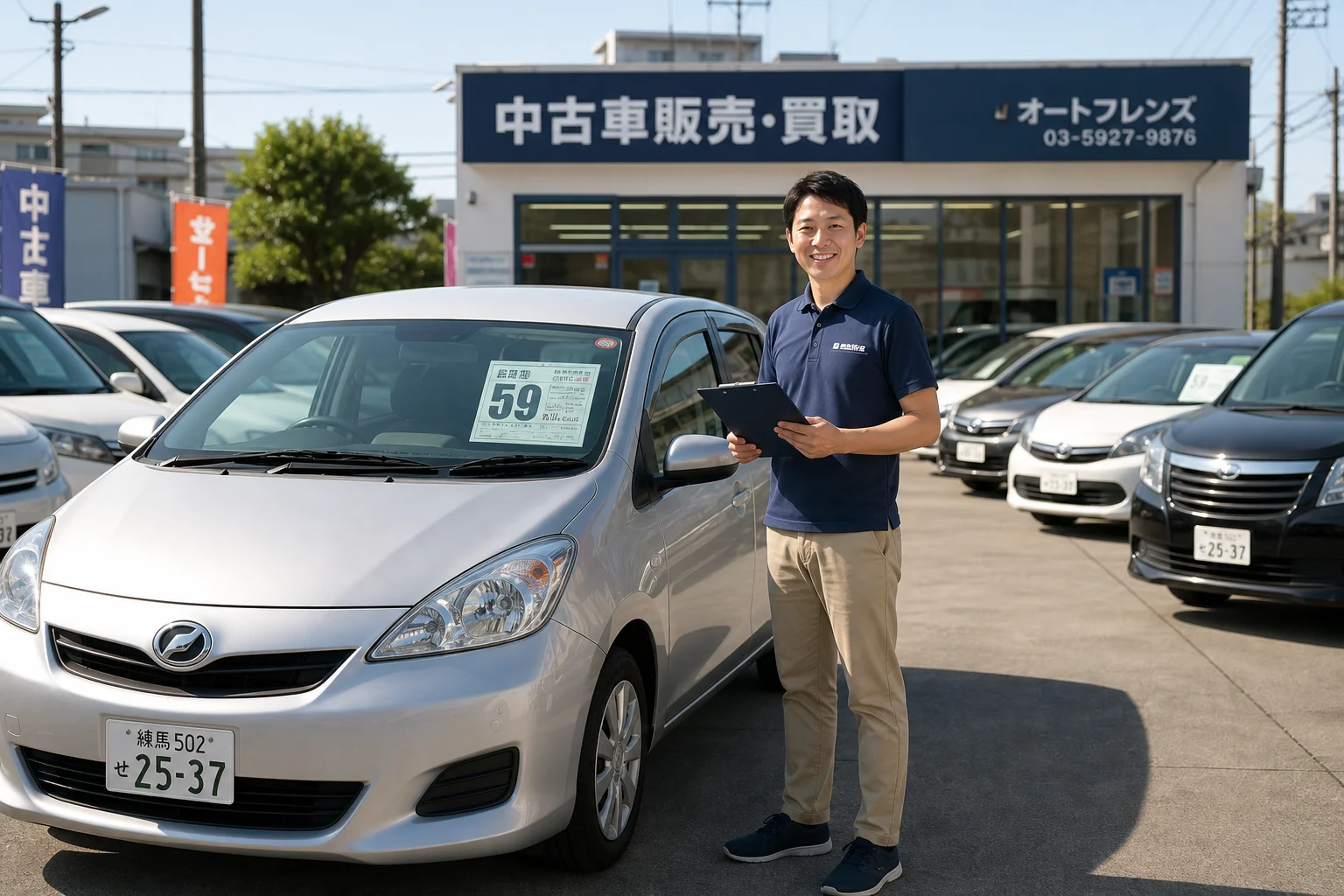 A realistic photo-style wide shot of a bright and welcoming used car dealership lot in urban Japan, taken on a clear sunny day. Several well-maintained sedans, minivans, and compact SUVs are neatly lined up on a clean concrete surface. A friendly male sales staff member in a polo shirt stands beside a silver compact car, holding a clipboard and smiling toward the camera. Soft natural daylight illuminates the vehicles, highlighting their polished exteriors. Background shows a modest dealership building with large glass windows and signage. Shallow depth of field, warm tones, photorealistic, 16:9 landscape orientation.