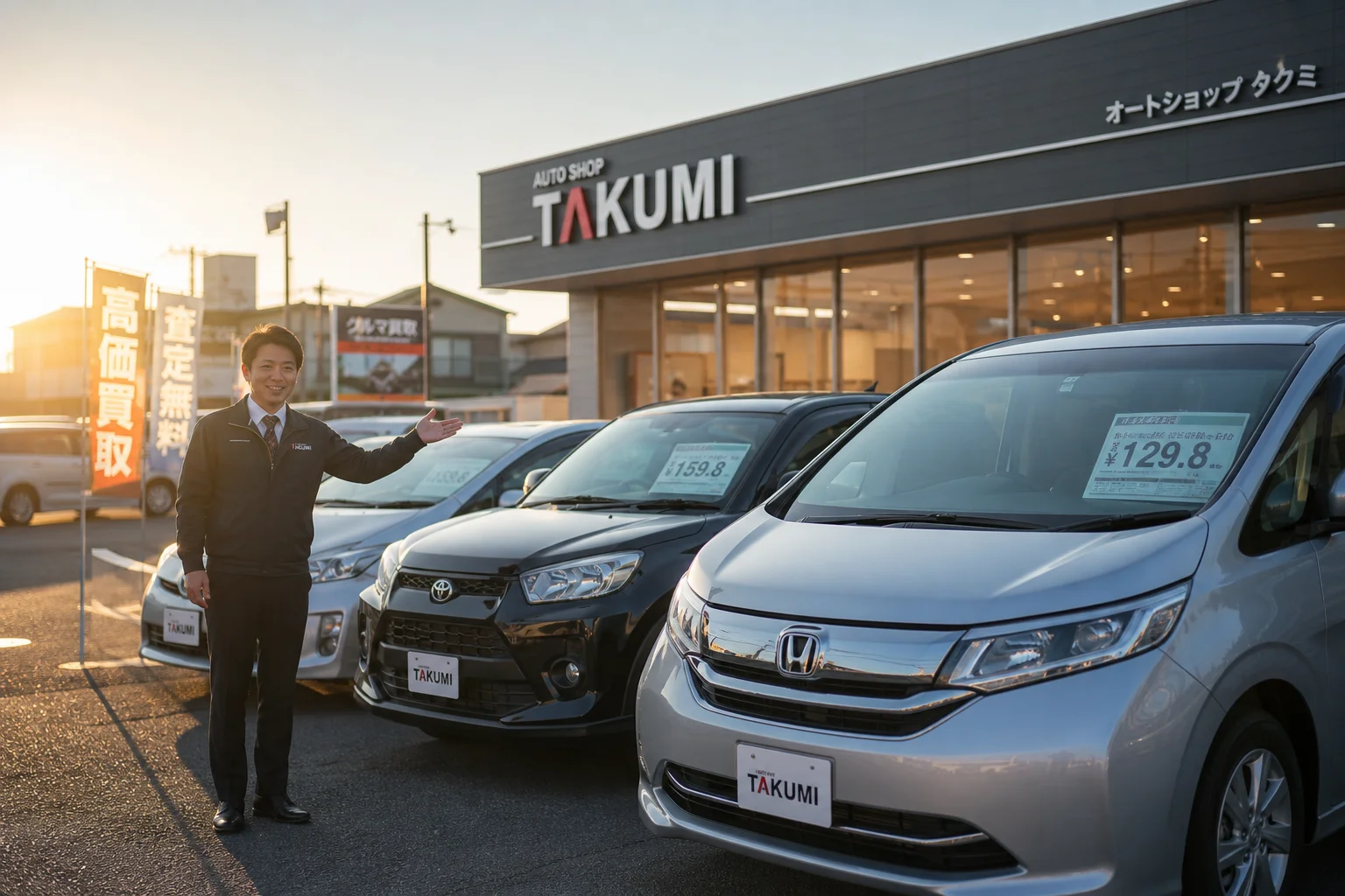 A realistic photo-style wide-angle shot of a well-organized used car dealership lot in Osaka, Japan, taken during the golden hour on a clear day. Rows of clean, polished pre-owned vehicles including a silver minivan, a compact SUV, and a sedan are neatly displayed under warm natural sunlight. A friendly Japanese male salesperson in a smart casual uniform is standing near one of the cars, gesturing welcomingly. The showroom building is visible in the background with a clean, modern signage. The atmosphere is trustworthy, approachable, and inviting for first-time car buyers. Shallow depth of field, warm tones, photorealistic quality.
