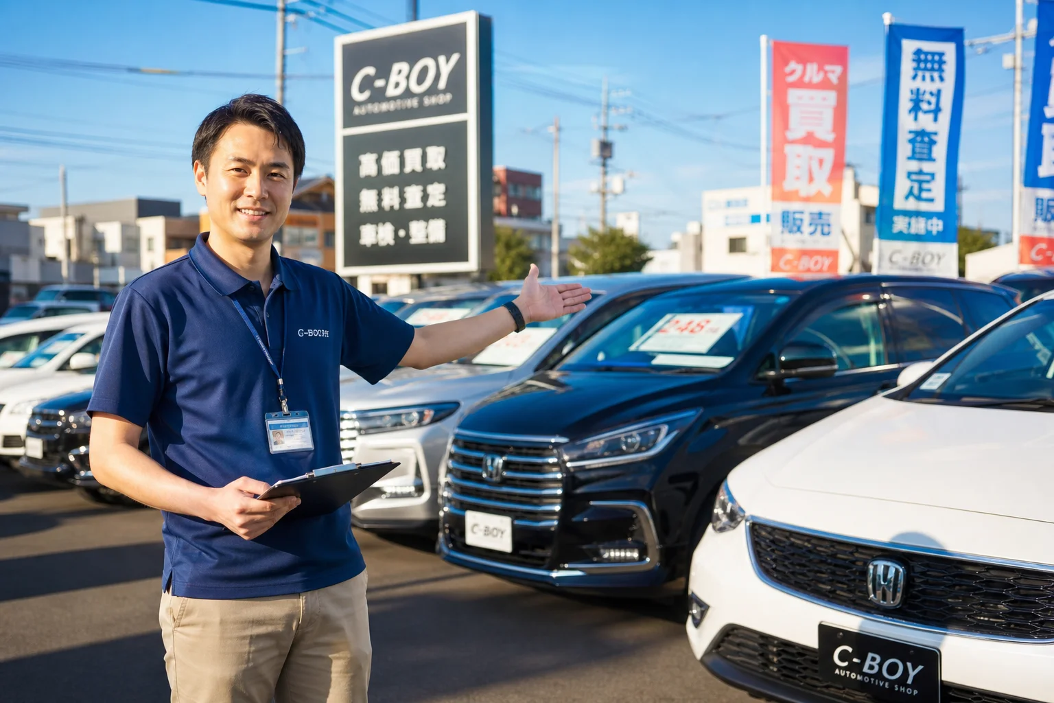 A realistic photo-style wide shot of a bright used car dealership lot in urban Japan on a clear sunny day. Several well-maintained sedans, SUVs, and minivans are lined up in neat rows under a vivid blue sky. In the foreground, a friendly male salesperson in a polo shirt holds a clipboard and gestures toward the vehicles, as if explaining a car's features to an unseen customer. Natural daylight illuminates the cars, highlighting clean bodywork and gleaming windows. The atmosphere is welcoming and professional, with subtle signage visible in the background. Shot with a 35mm lens, shallow depth of field, warm tones.