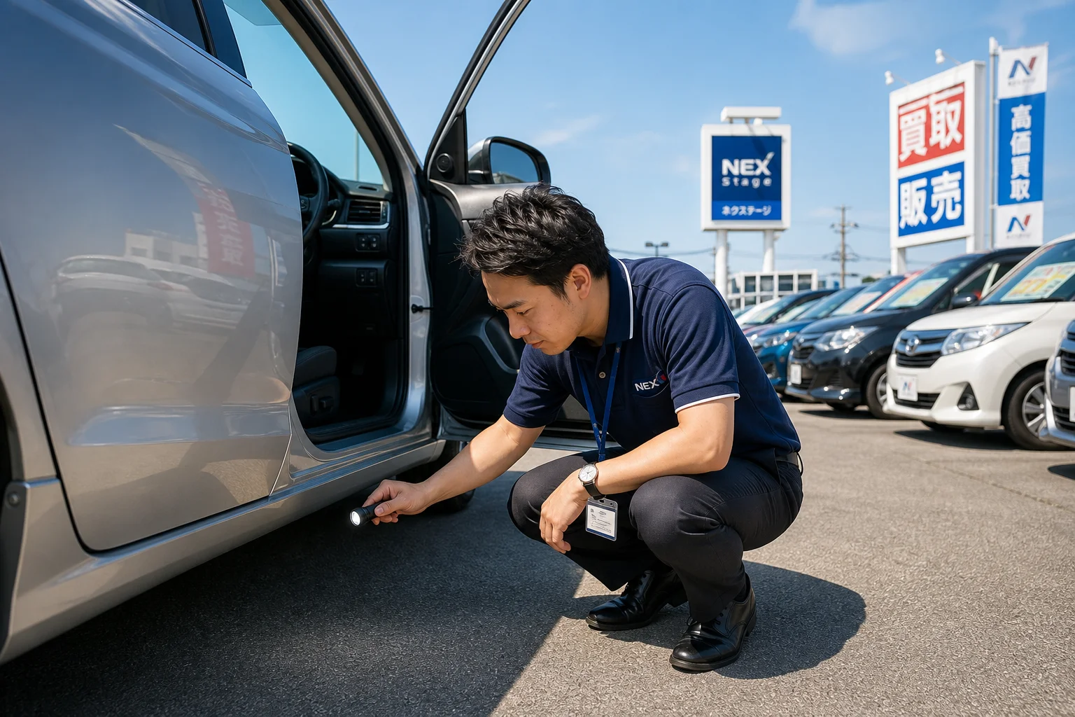 A realistic photo-style wide shot of a used car dealership lot in Japan on a clear sunny day. In the foreground, a professional male car salesperson in a neat polo shirt crouches beside a silver sedan, carefully inspecting the lower body panel with a small flashlight. The car door is open, revealing a clean interior. In the background, several clean pre-owned Japanese cars are neatly lined up under a bright blue sky. The lighting is natural midday sunlight casting soft shadows. The atmosphere is trustworthy, approachable, and professional. Shot with a 35mm lens, shallow depth of field, warm tones.