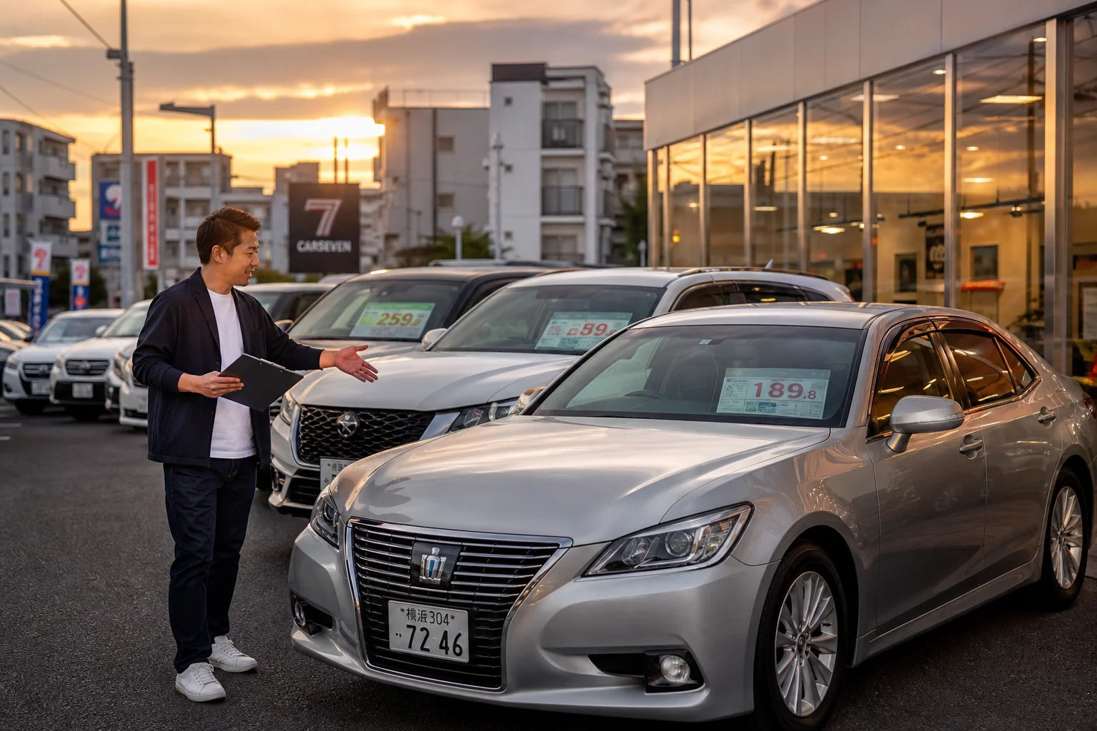 A realistic photo-style wide shot of a clean used car dealership lot in urban Japan, taken during golden hour. Several well-maintained sedans and SUVs are parked in neat rows under warm sunset light. In the foreground, a friendly salesperson in casual attire holds a clipboard and gestures toward a silver sedan. The background shows a modern showroom with large glass windows reflecting the orange sky. Shallow depth of field, natural lighting, cinematic composition, high detail.