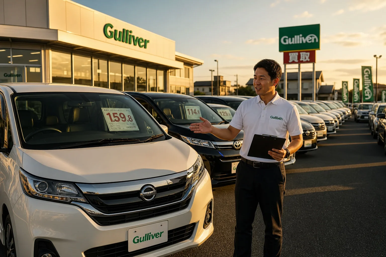 A realistic photo-style image of a well-organized used car dealership lot in Japan, taken during golden hour. Rows of clean, polished pre-owned cars in various body types—minivans, sedans, compact SUVs, and hatchbacks—are neatly arranged on a bright asphalt lot. Soft warm sunlight casts gentle shadows across the vehicles. In the foreground, a friendly male salesperson in a neat polo shirt holds a clipboard and gestures toward the cars, suggesting a helpful consultation. The background shows a modern dealership building with glass facade. The overall mood is trustworthy, professional, and welcoming. Shot with a wide-angle lens, shallow depth of field on the foreground car, photorealistic style.