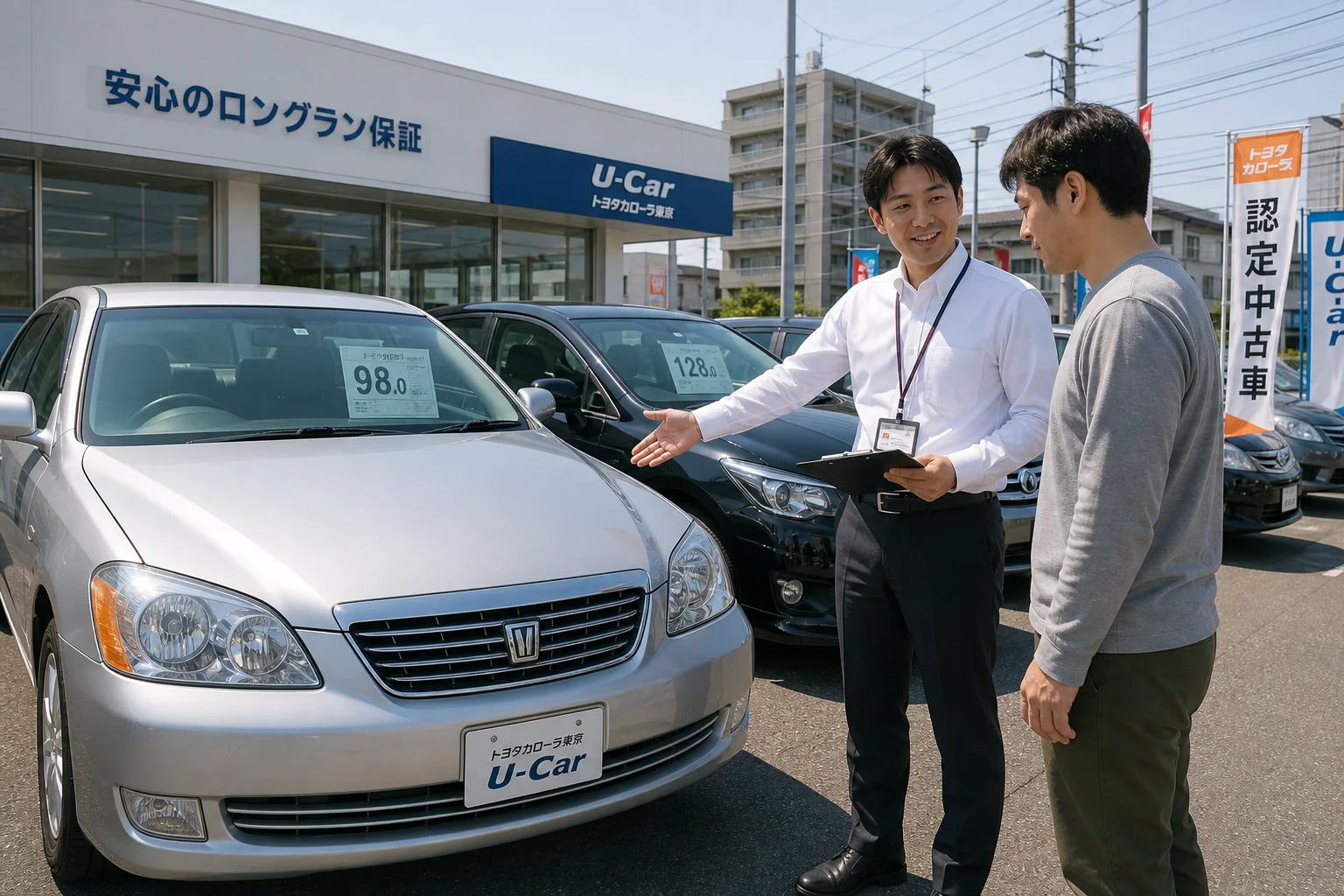 A realistic photo-style wide-angle shot of a clean and well-lit used car dealership lot in urban Japan, showing several polished pre-owned cars neatly lined up under a bright daytime sky. In the foreground, a friendly male salesperson in a white shirt and dark slacks is holding a clipboard and gesturing toward a silver sedan, as if guiding a customer through a vehicle inspection checklist. Soft natural daylight illuminates the cars, creating gentle reflections on the hoods. The background shows a modest dealership building with Japanese signage. The atmosphere is trustworthy, approachable, and professional.