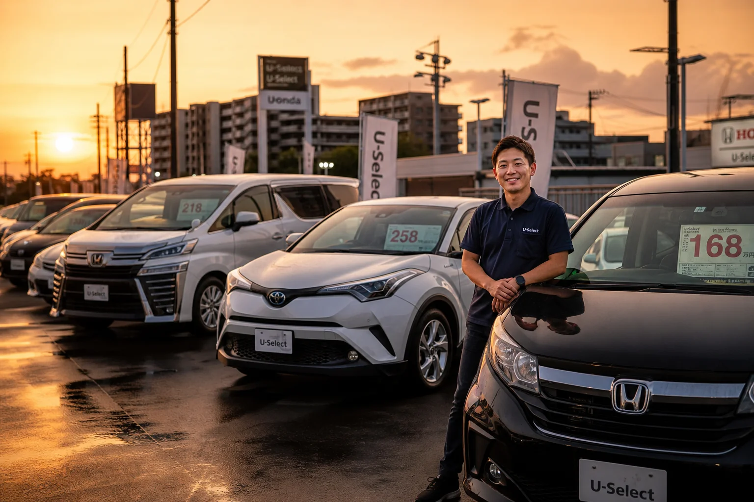 A realistic photo-style wide shot of a well-organized used car dealership lot in urban Japan, taken during golden hour. Rows of clean, polished cars including a minivan, a compact SUV, and a sedan are neatly arranged under warm sunset light. A friendly salesperson in a casual polo shirt stands near one of the vehicles, smiling naturally. The foreground shows a slightly wet asphalt lot reflecting the orange sky, giving a welcoming and trustworthy atmosphere. Shallow depth of field, shot with a 35mm lens.