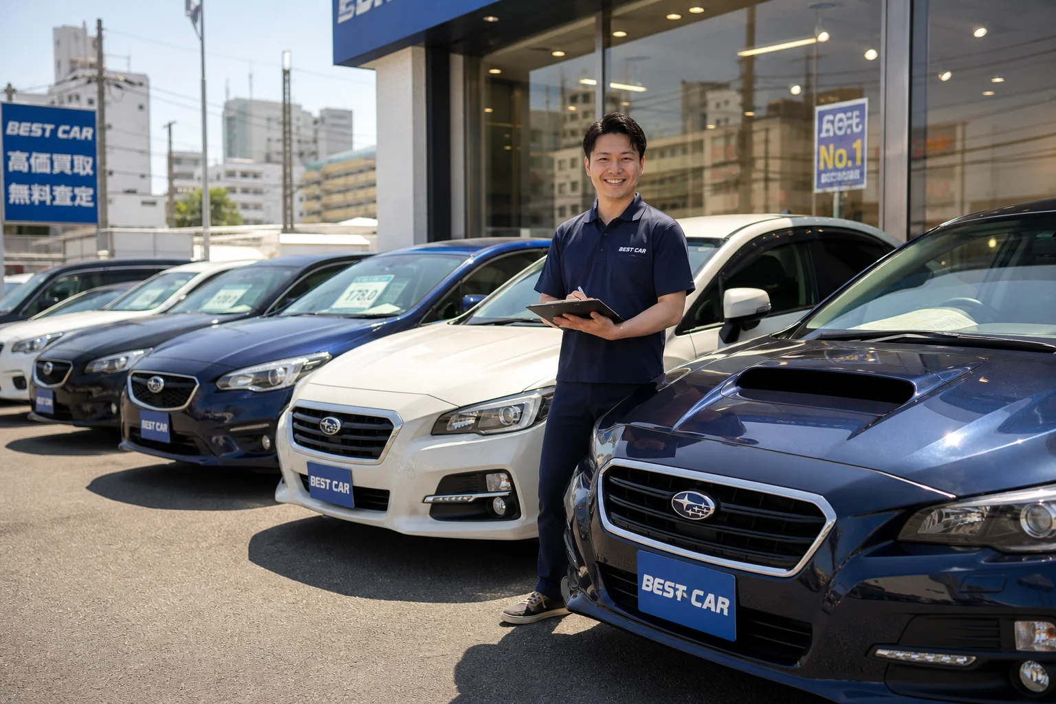 A realistic photo-style wide shot of a well-organized used car dealership lot in urban Osaka, Japan. Several clean and polished pre-owned cars of different models are neatly lined up under bright natural daylight. A friendly male salesperson in a casual polo shirt stands beside one of the vehicles, holding a clipboard and smiling. The background shows a modern dealership building with large glass windows. Soft shadows, vibrant colors, and a welcoming atmosphere convey trust and professionalism. Shot with a 35mm lens, slightly low angle to emphasize the cars, warm afternoon light.